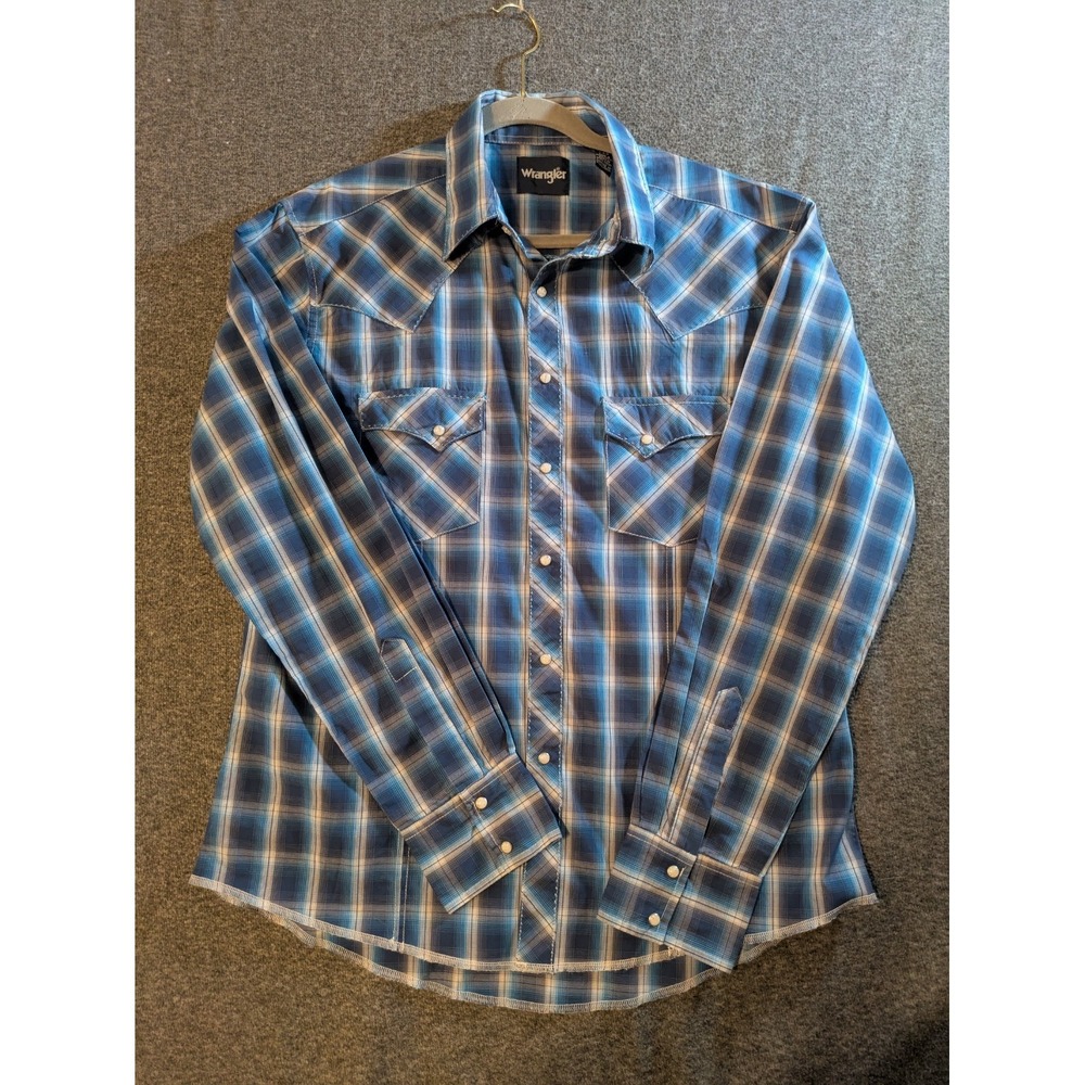 Wrangler Western Shirt Blue Plaid Pearl Snap Button Long Sleeve Size Large